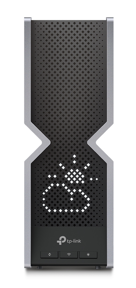 Pionowy router z czarnym perforowanym przodem i srebrnymi bokami. Posiada logo tp-link i trzy przyciski na dole.
