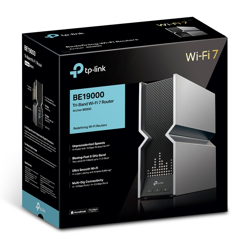 Router Wi-Fi 7 z czarno-srebrną kolorystyką.