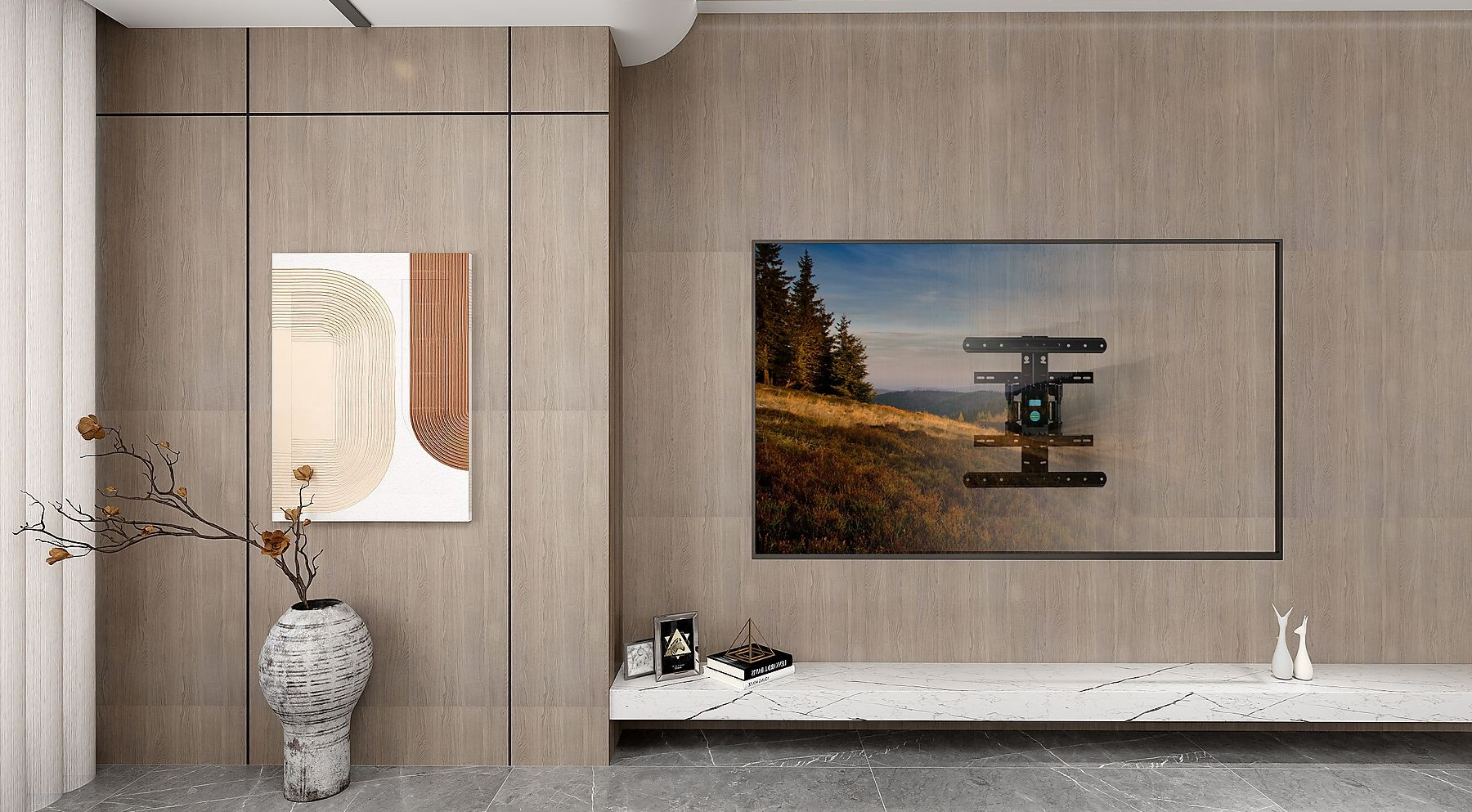 Salon z drewnianymi panelami ściennymi. Zamontowany jest telewizor, obecny jest obraz i wazon. Scena jest w pomieszczeniu.