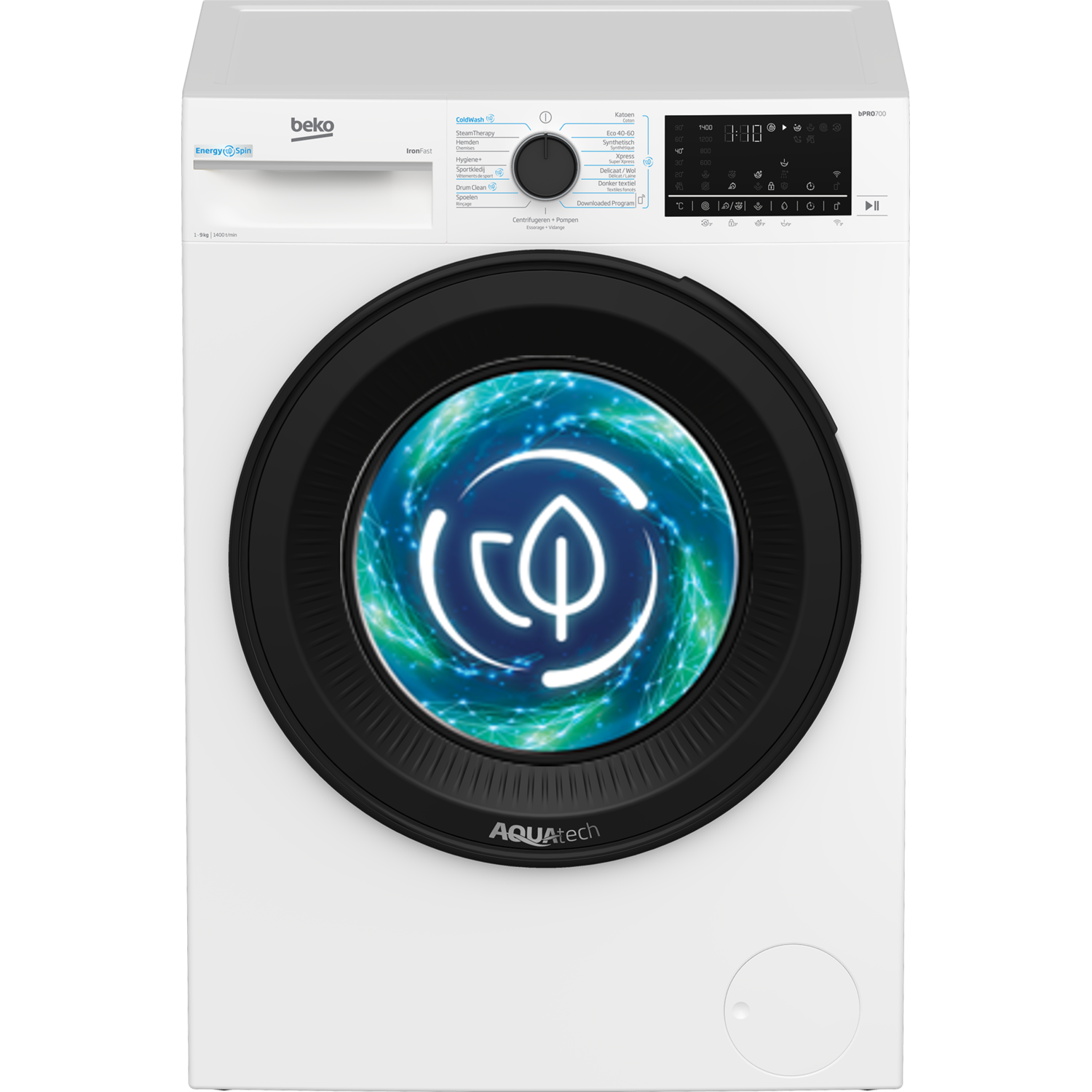 A white washing machine with a black door, displaying a leaf-like symbol on the door.