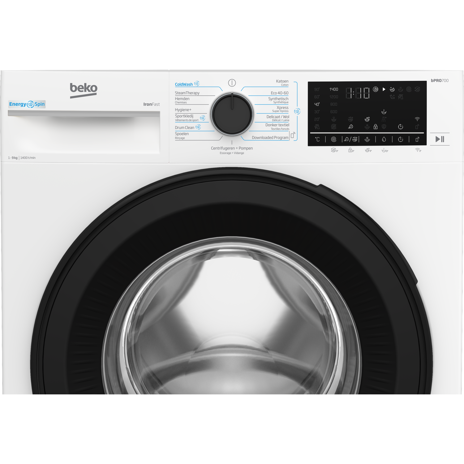 White washing machine, control panel visible with various settings; black door.