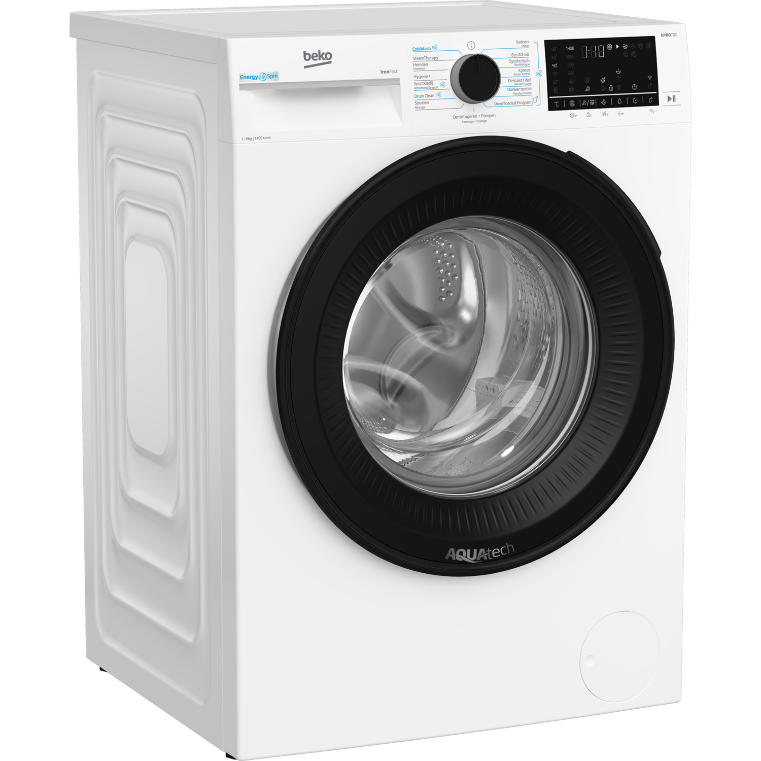 White washing machine, black door, and the AquaTech logo is visible.