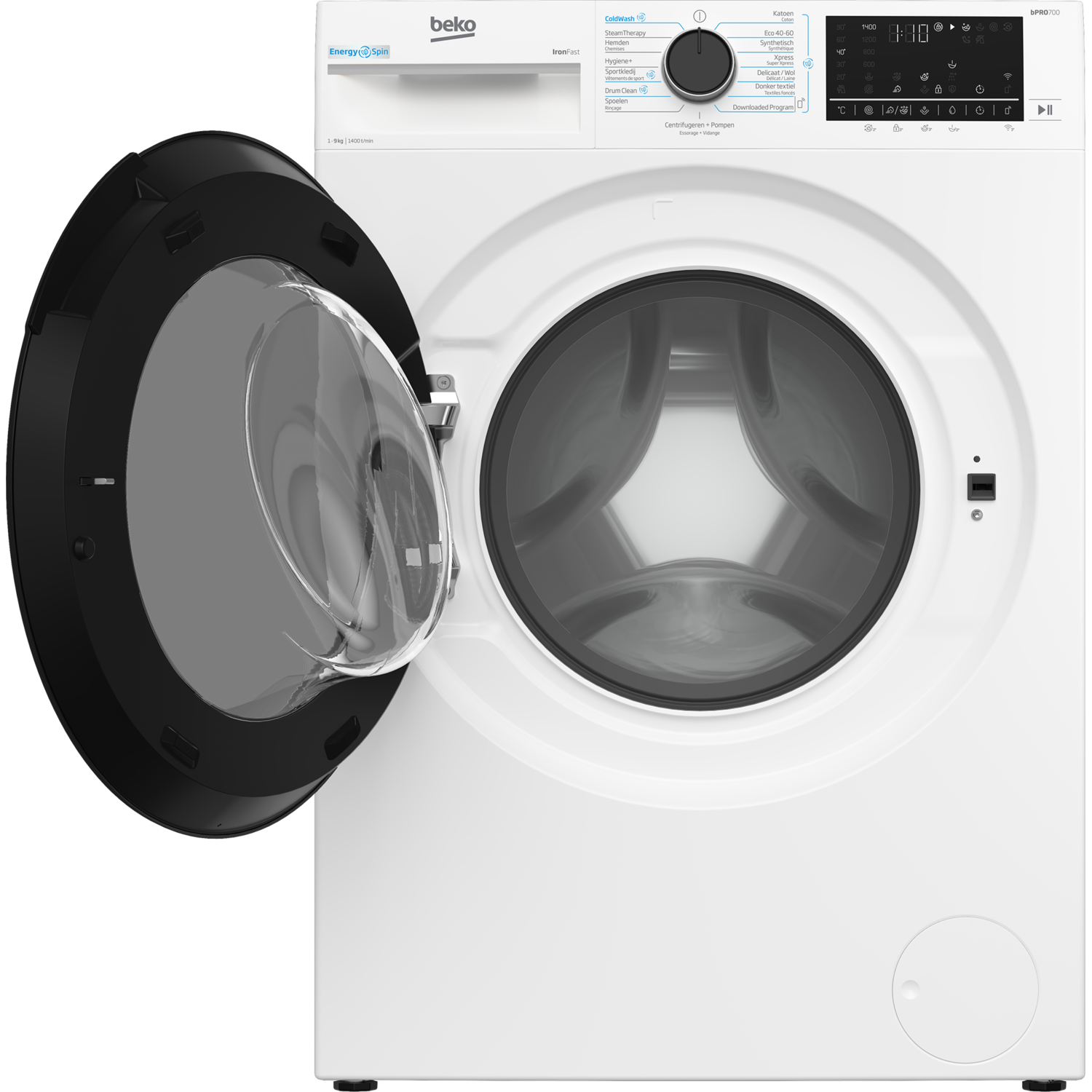 White washing machine with open black door, showing the inside drum.