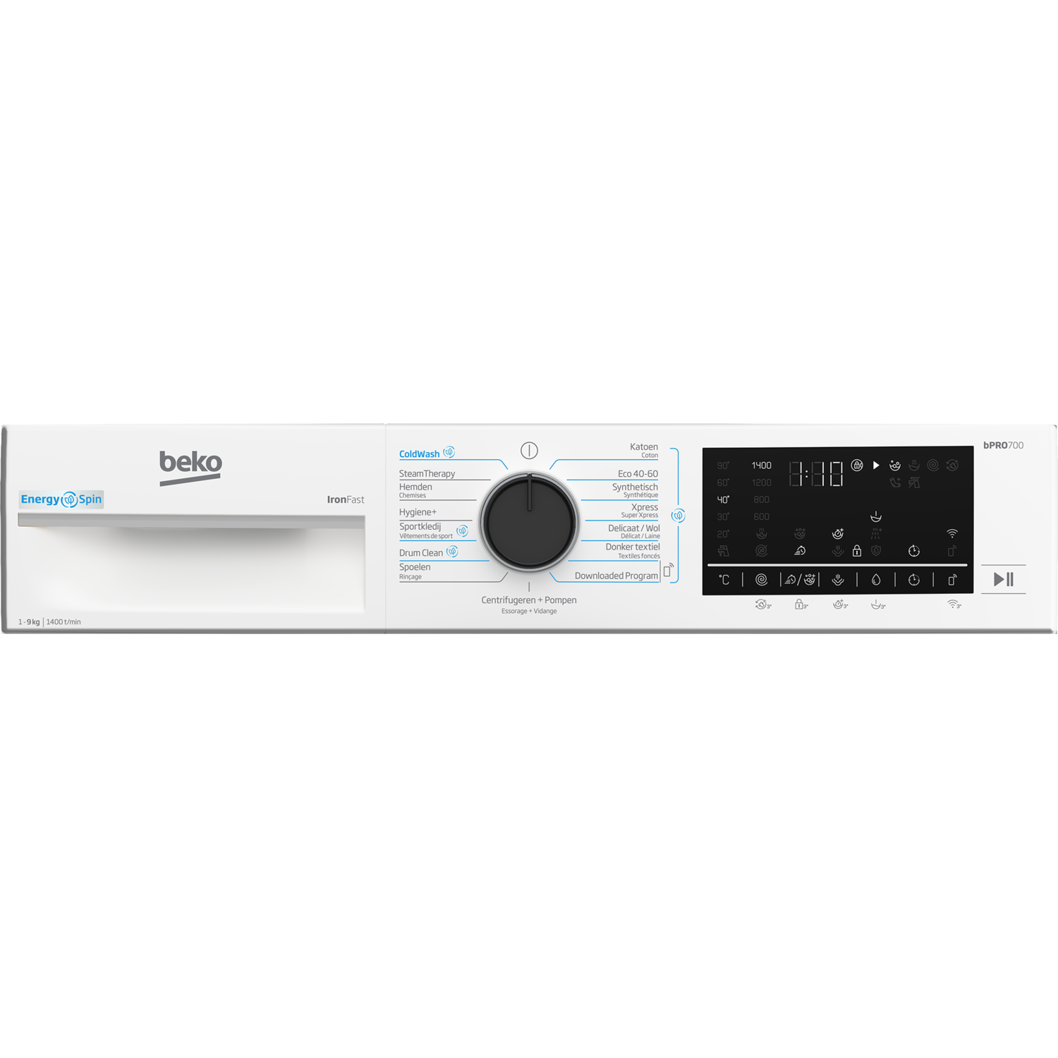 White washing machine with control panel displaying settings, black door, and the Beko logo.