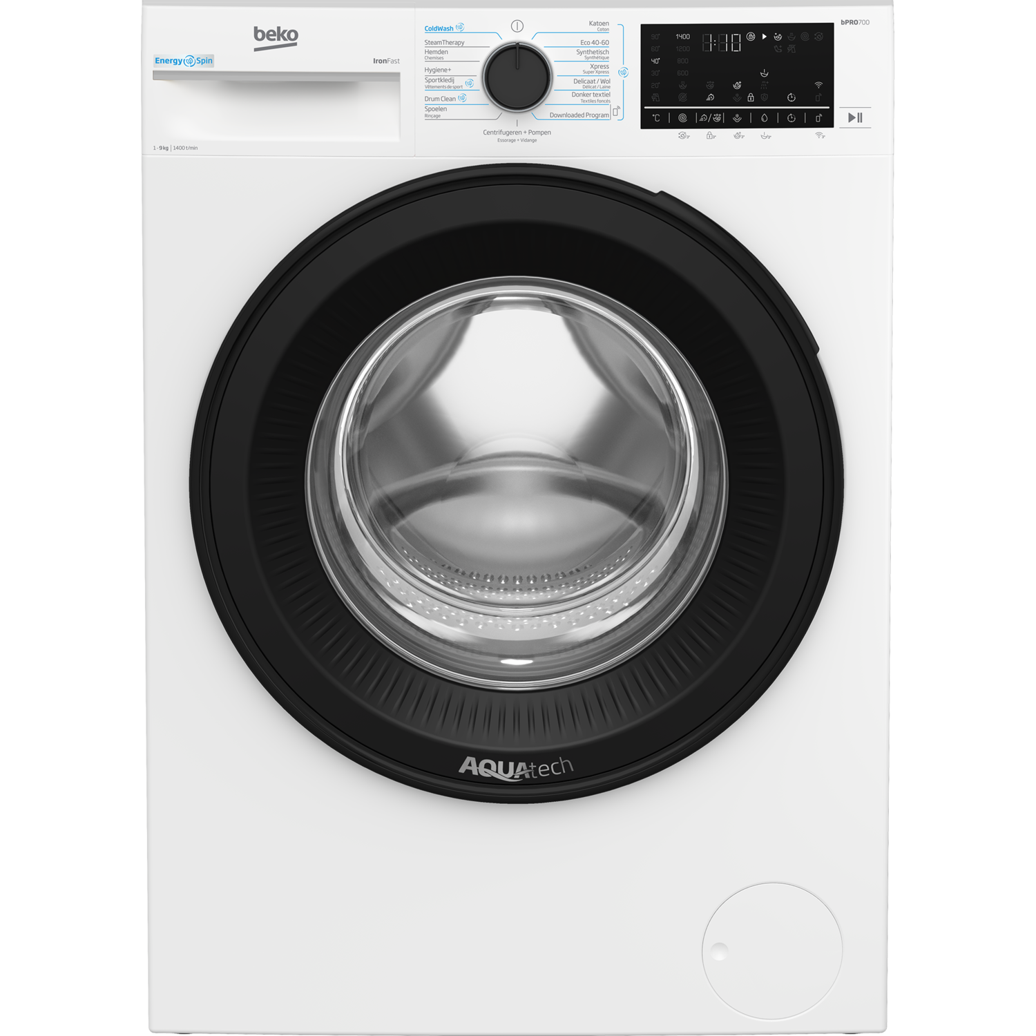 White washing machine with a black door, AquaTech logo is visible.