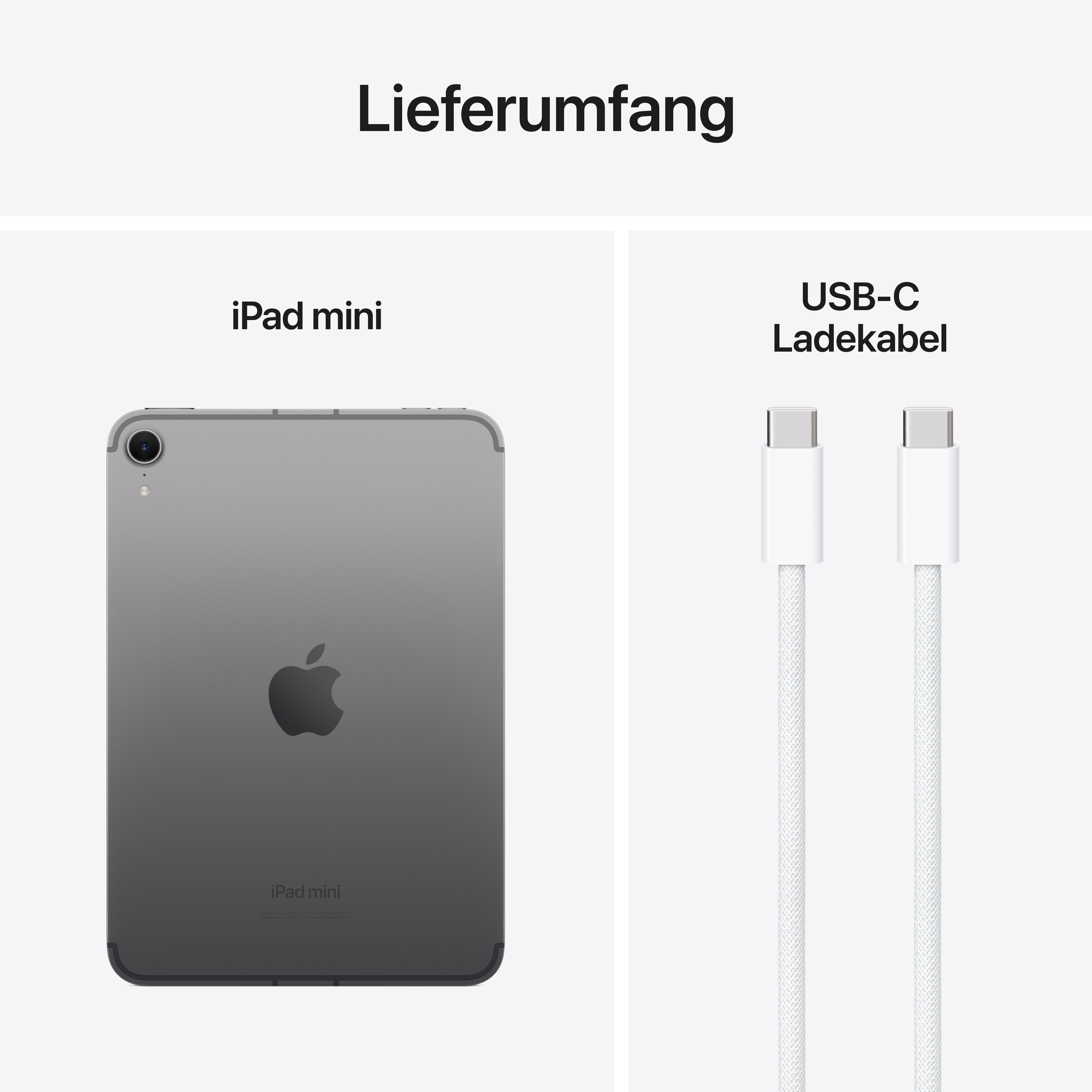Ein iPad mini und ein weißes USB-C-Kabel, vor weißem Hintergrund.