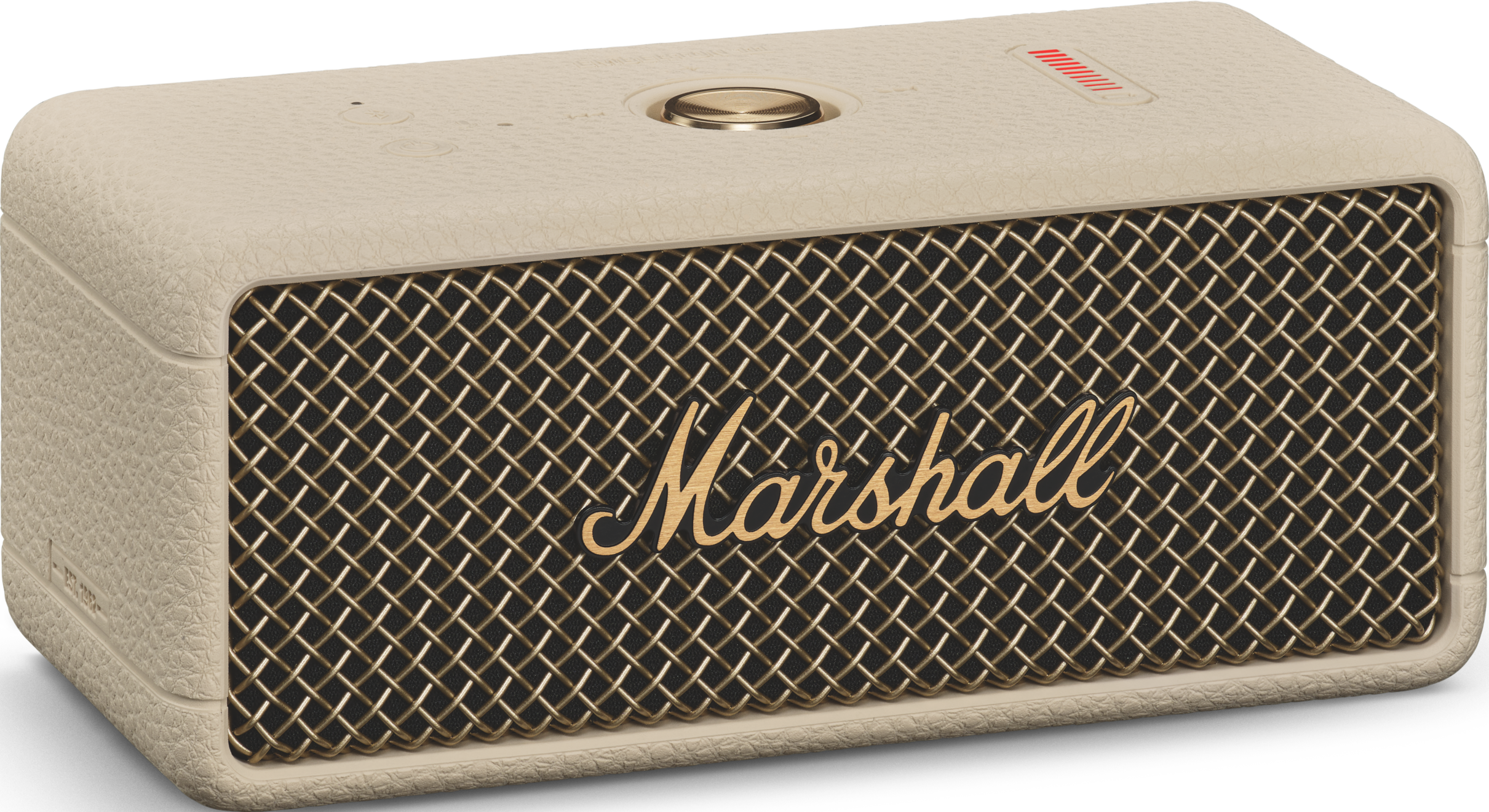 Ein beigefarbener Marshall-Lautsprecher mit goldenem Grill und dem Marshall-Logo auf der Vorderseite.