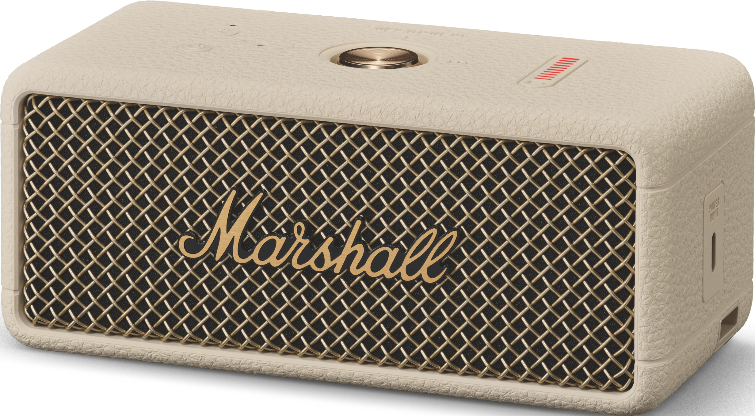 Ein beigefarbener Marshall-Lautsprecher mit goldenem Grill und dem Marshall-Logo auf der Vorderseite.