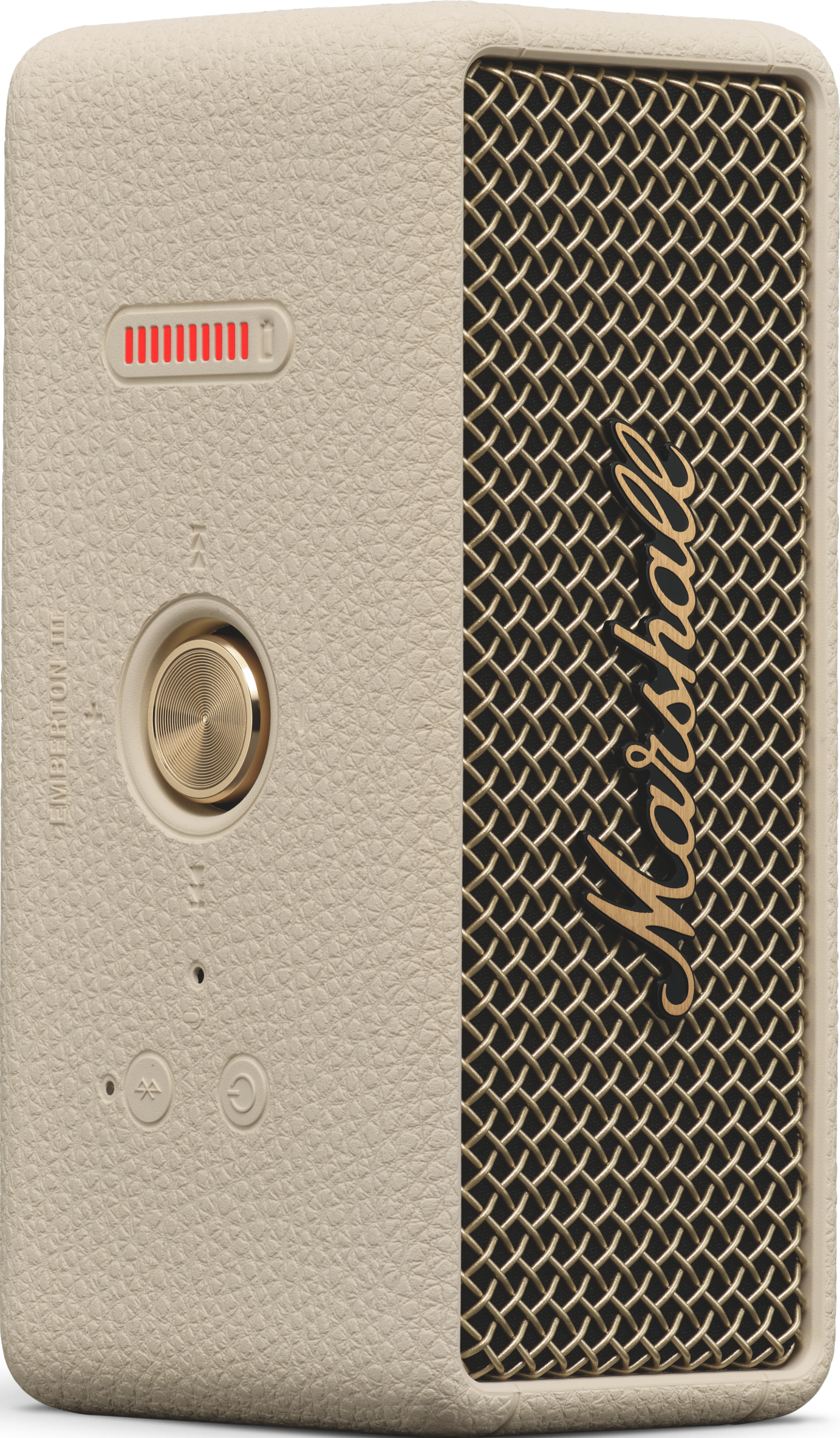 Ein beigefarbener Marshall-Lautsprecher mit goldenen Knöpfen, goldenem Grill und Logo vorne.