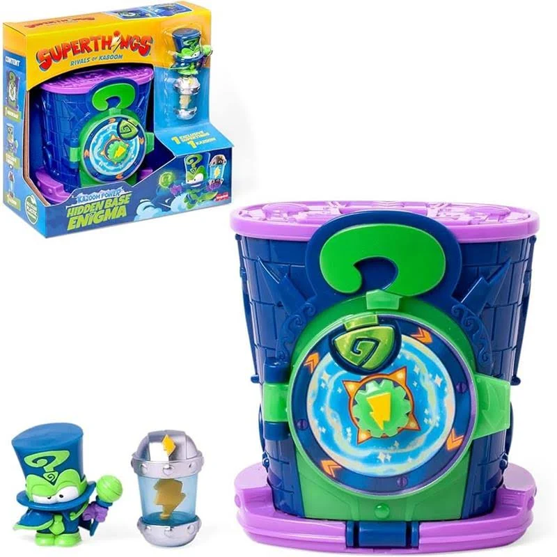 Juguete con caja. Incluye una torre azul y morada, una figura de Enigma verde y accesorios. Fondo blanco.