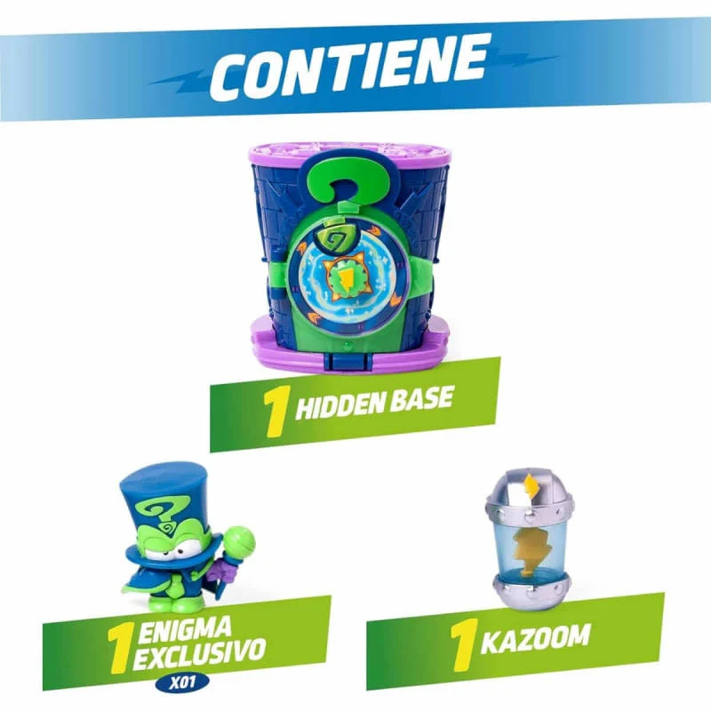 Juego de juguetes con figuras, un contenedor y texto en blanco.