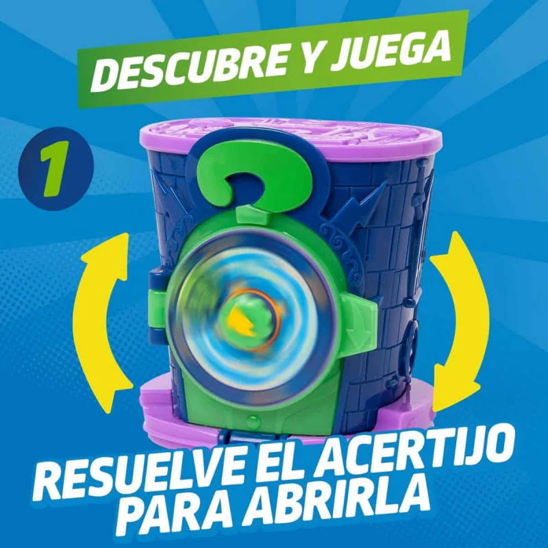 Juguete con torre azul y morada con signo de interrogación verde, flechas y texto que dice resuelve el acertijo.