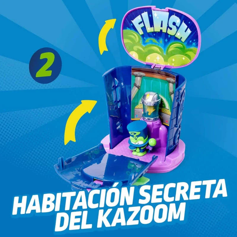 Juguete con torre azul y morada que se abre para revelar un interior verde con una figura y texto que dice Flash.