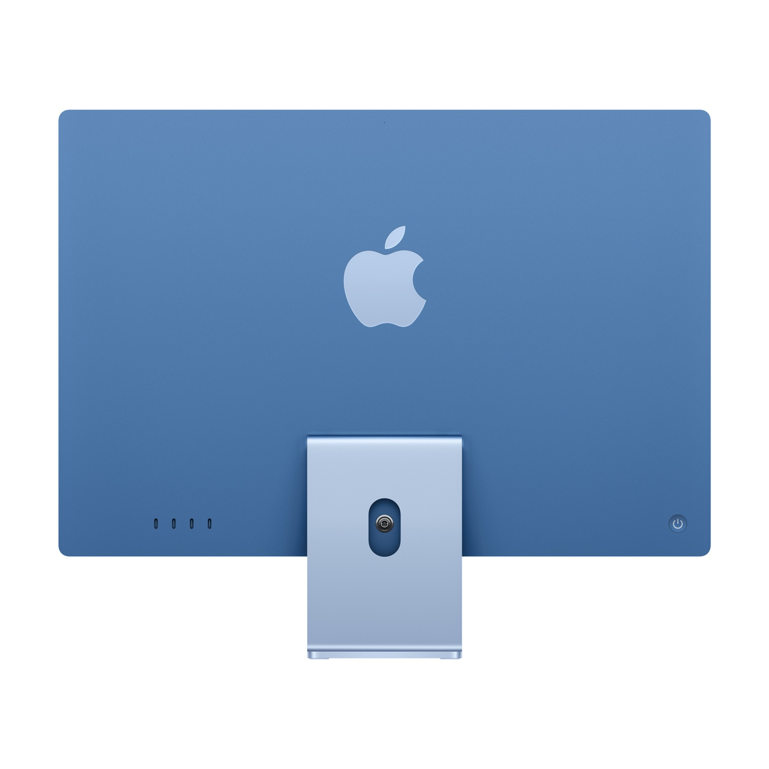 Retro iMac blu, logo Apple, supporto. Sfondo bianco.