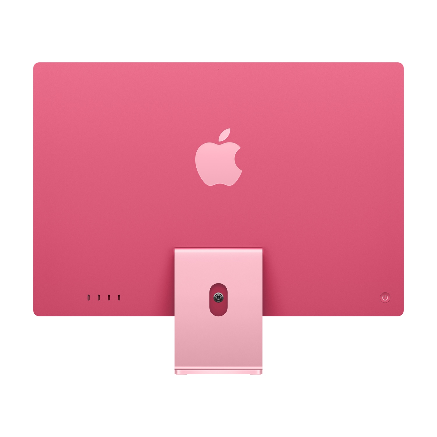 Retro iMac rosa, logo Apple, supporto. Sfondo bianco.