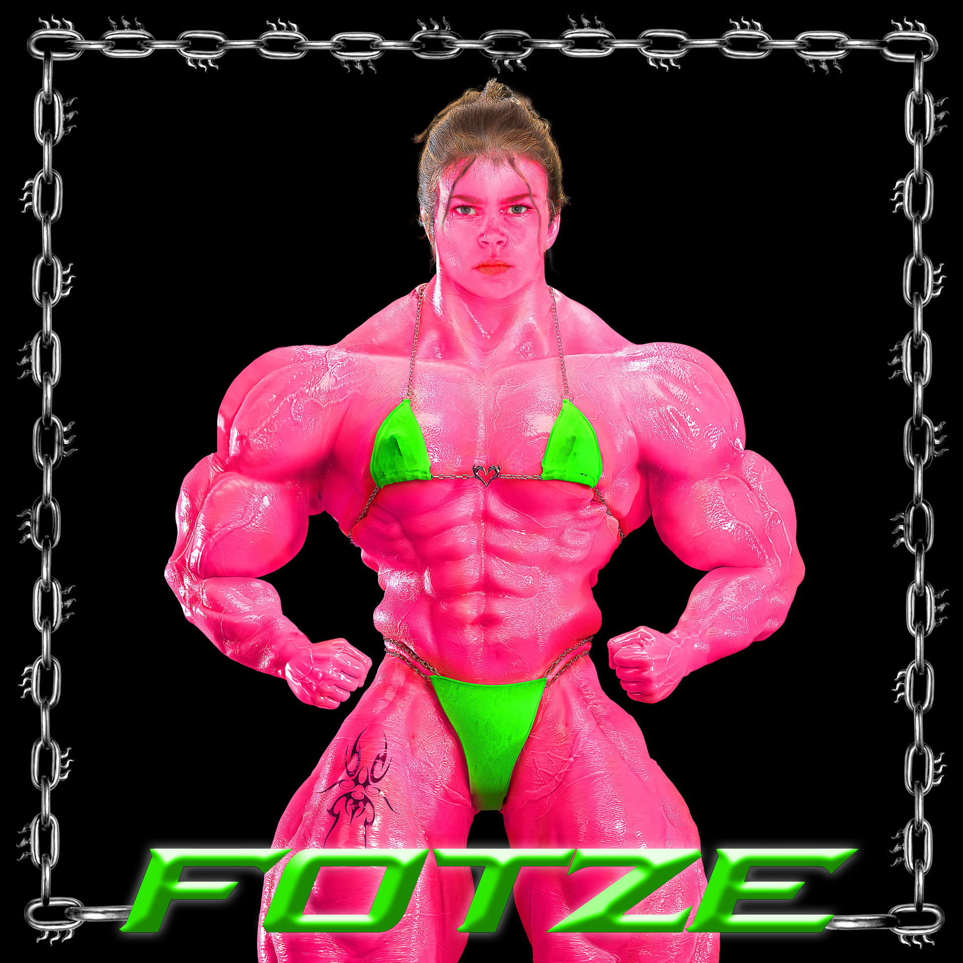 Rosa muskulöse Figur mit grünem Bikini. Ketten umgeben die Figur. Grüner "FOTZE" Text.