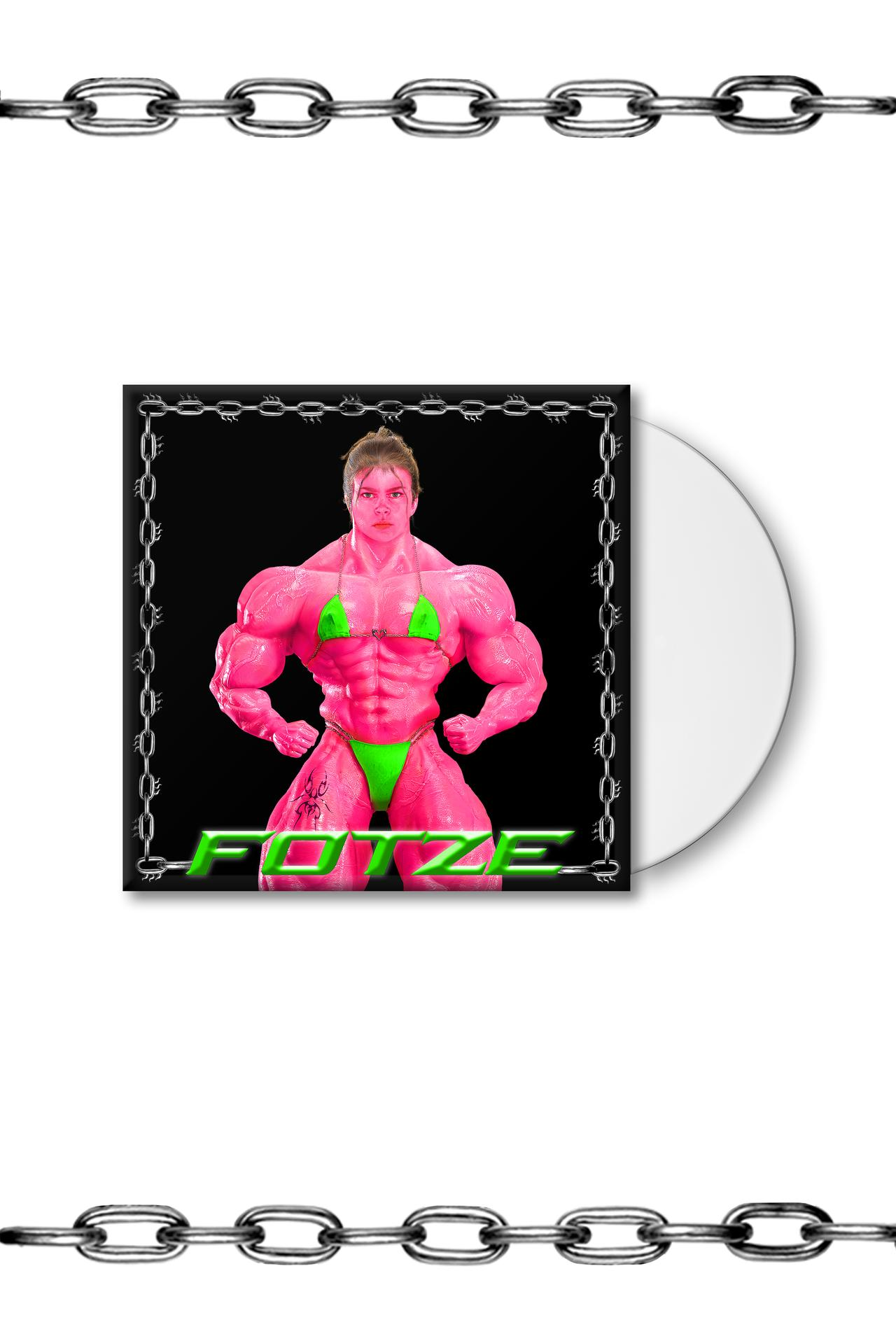 Albumcover mit Bodybuilderin im grünen Bikini. Schwarzer Hintergrund, weiße Kette und weiße CD.
