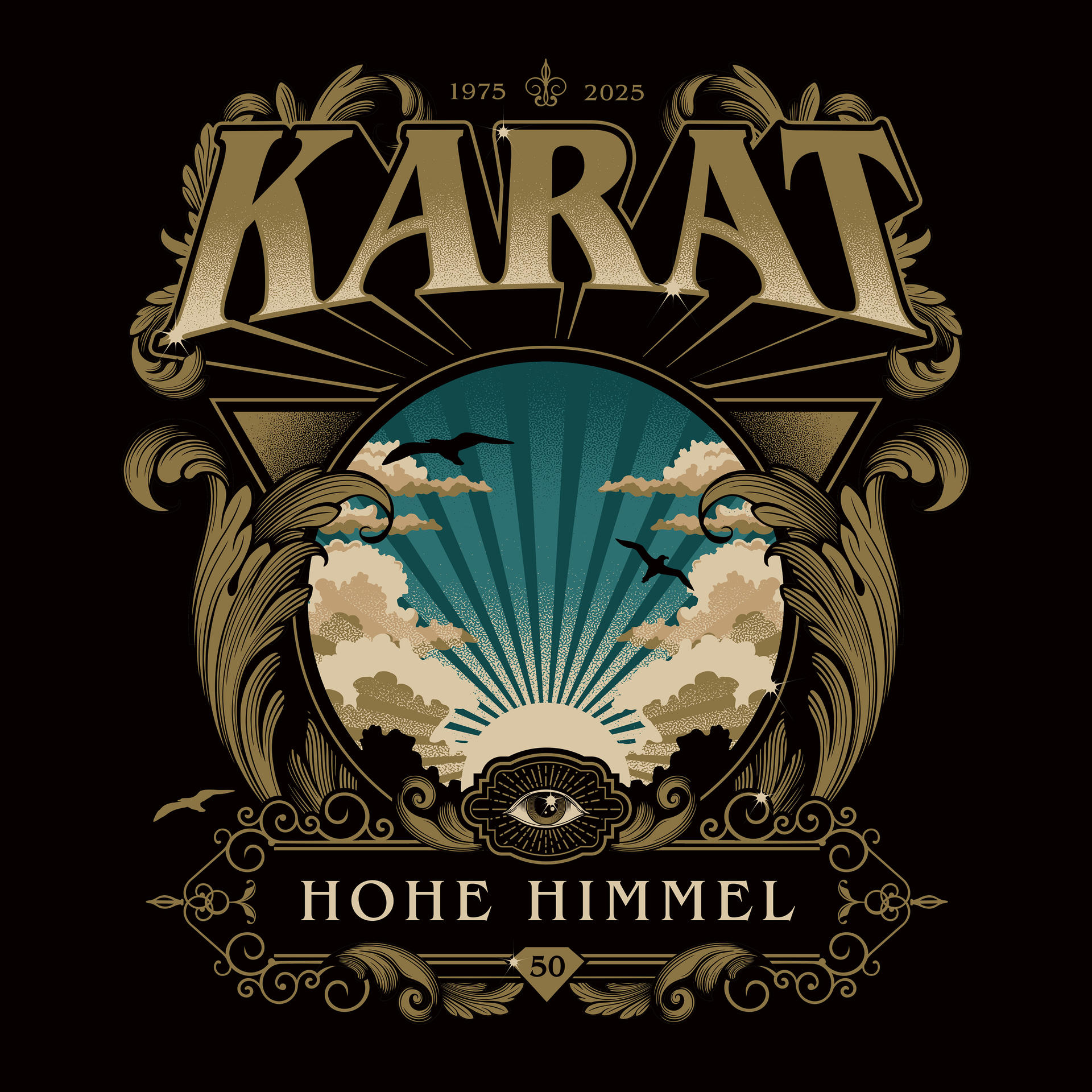Albumcover für 'Karat - Hohe Himmel' mit Sonne, Vögeln, Wolken und einem Auge. Gold- und Türkistöne.