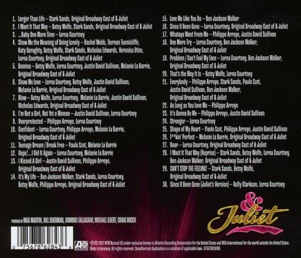 CD-Rückseite mit einer Liste von Liedern, der Titel des Albums lautet '& Juliet'.