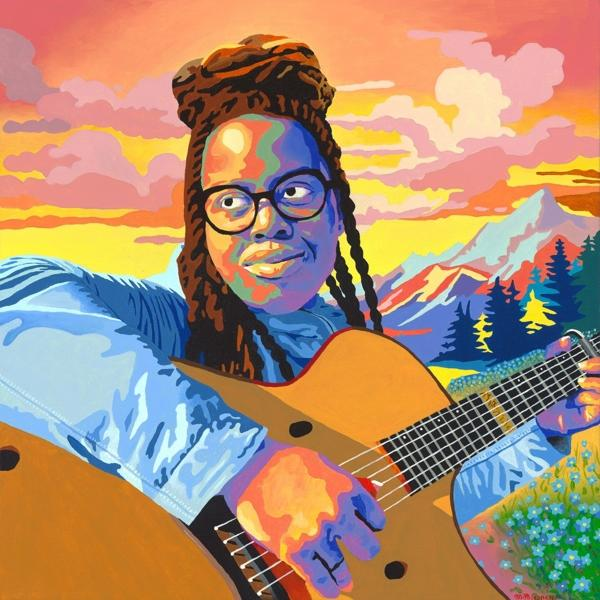 Frau spielt Gitarre vor einer bunten Landschaft, Bergen und Blumen.