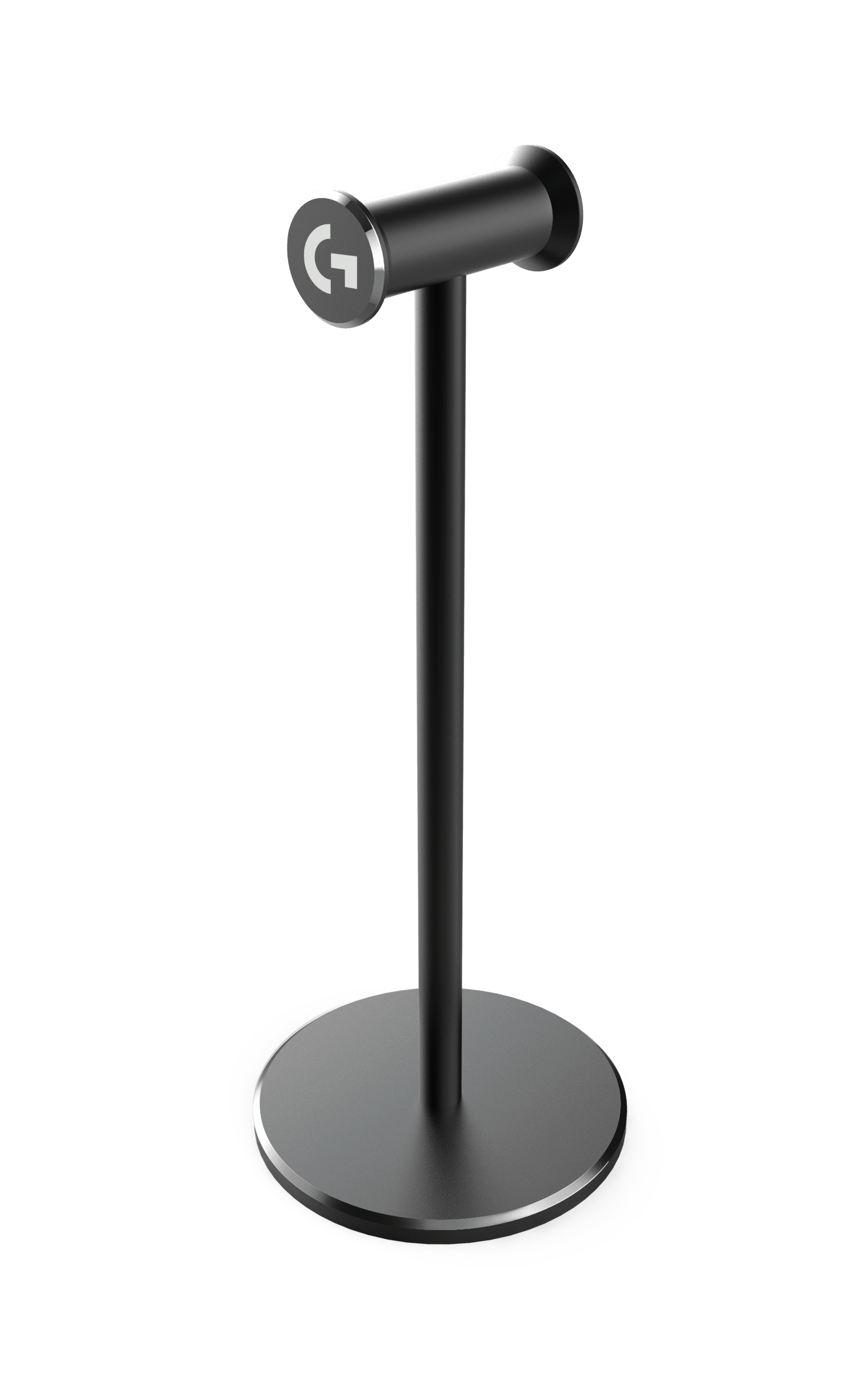 Schwarzer Kopfhörerständer. Runde Basis, langer Stiel und eine horizontale Stange mit Logitech-Logo.