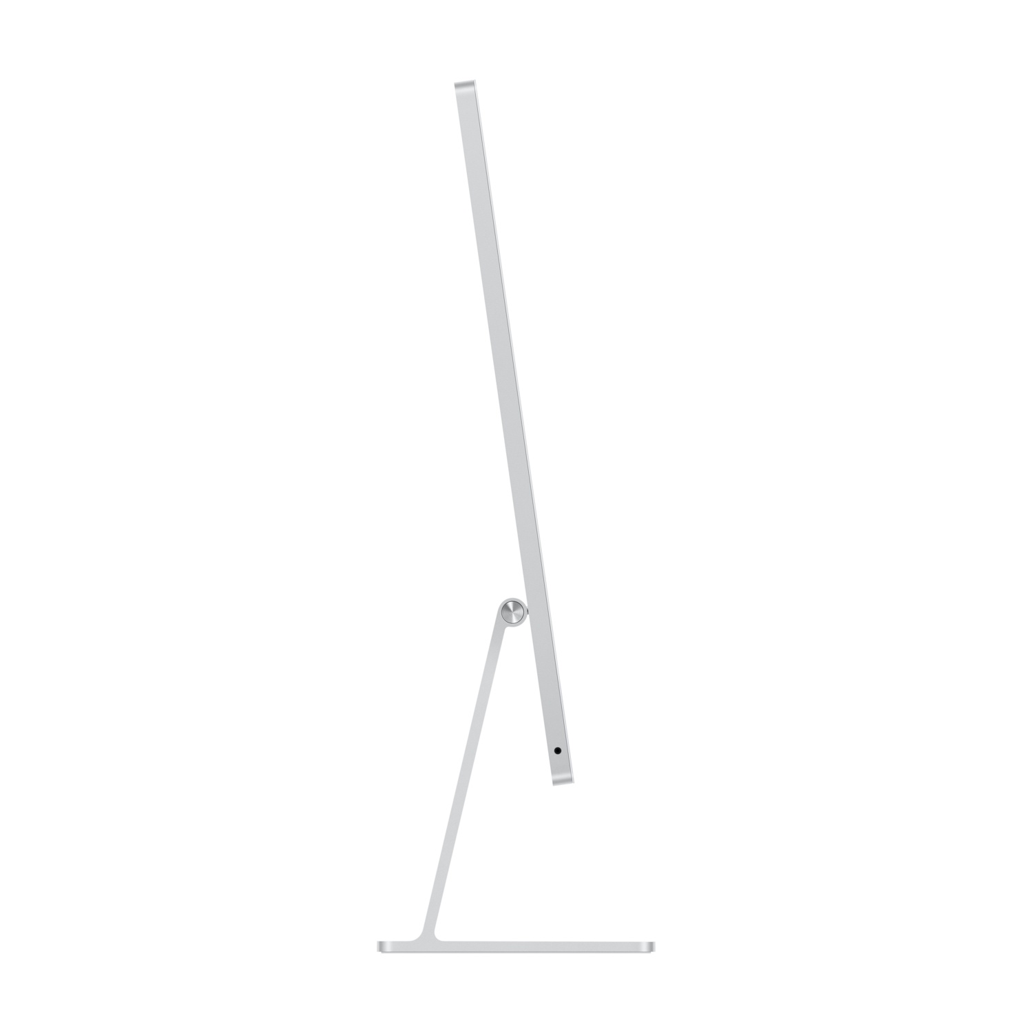 Vista laterale di un monitor e supporto per computer Apple argentati su sfondo bianco.