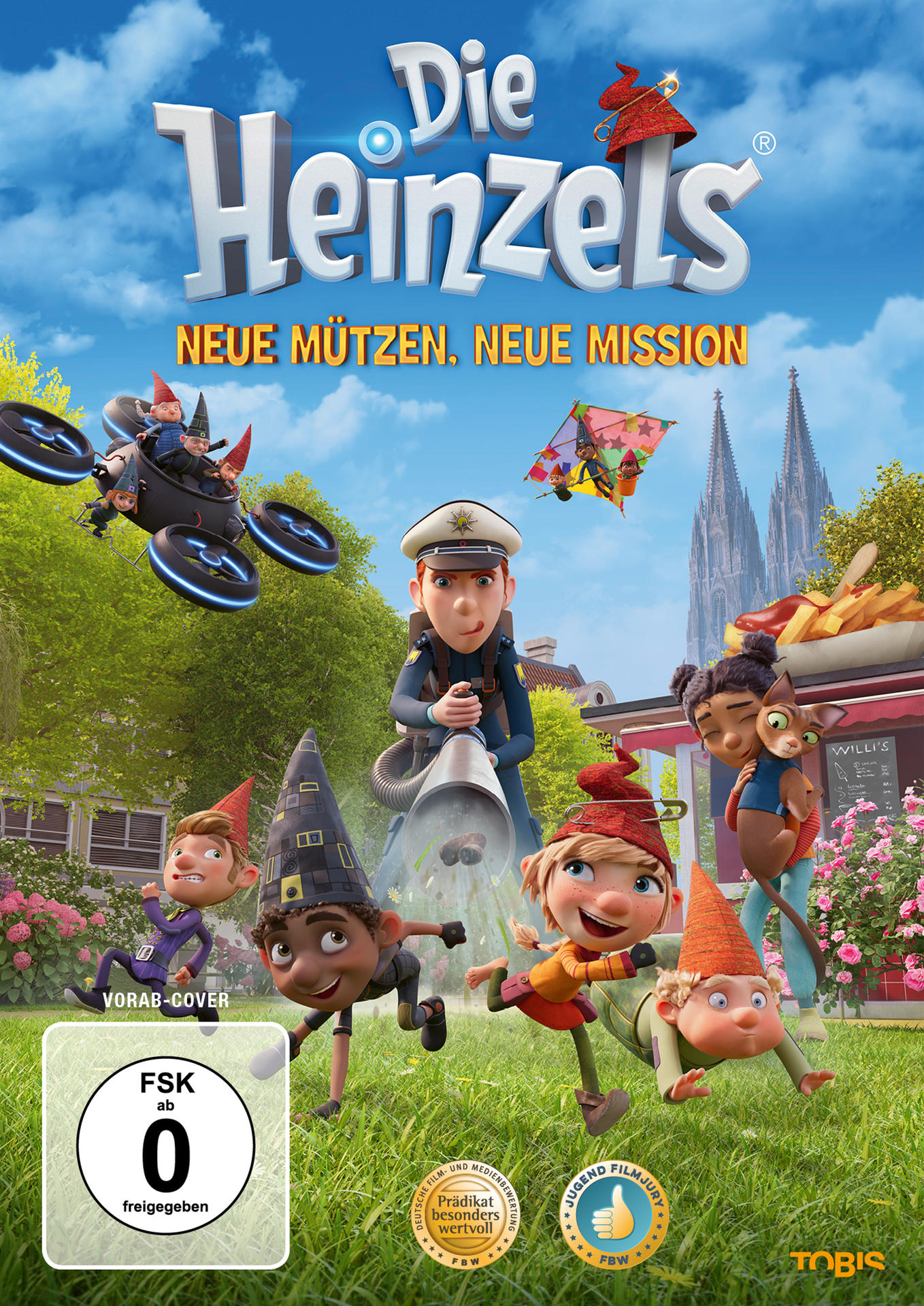 DVD-Cover: Animationsfilm mit Gnomen, einer Stadt und einem Himmel mit Drohne.