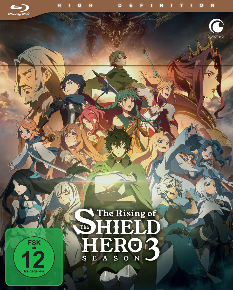 Anime-Blu-ray-Cover. Enthält mehrere Charaktere, ein grünes Logo und den Titel 'The Rising of the Shield Hero'.