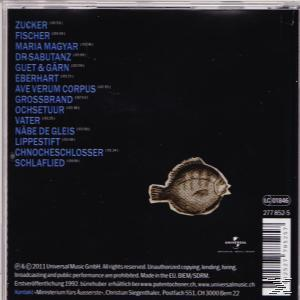 Album-Rückseite mit Trackliste und Fischbild. Das Cover ist dunkel mit weißem Text.