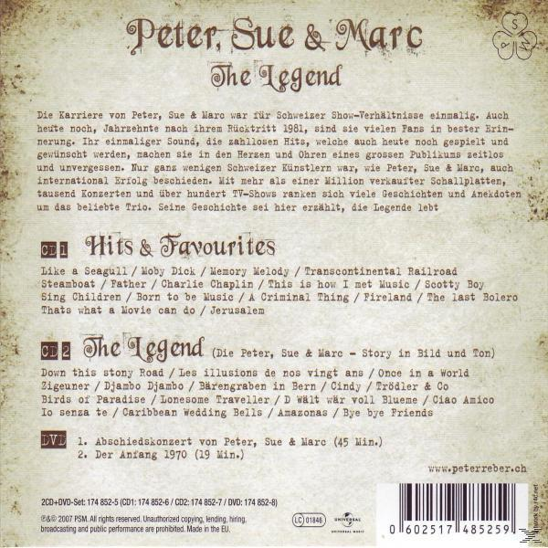 Text auf gealtertem Papier: Peter, Sue & Marc, The Legend. Listet Songs und Credits.