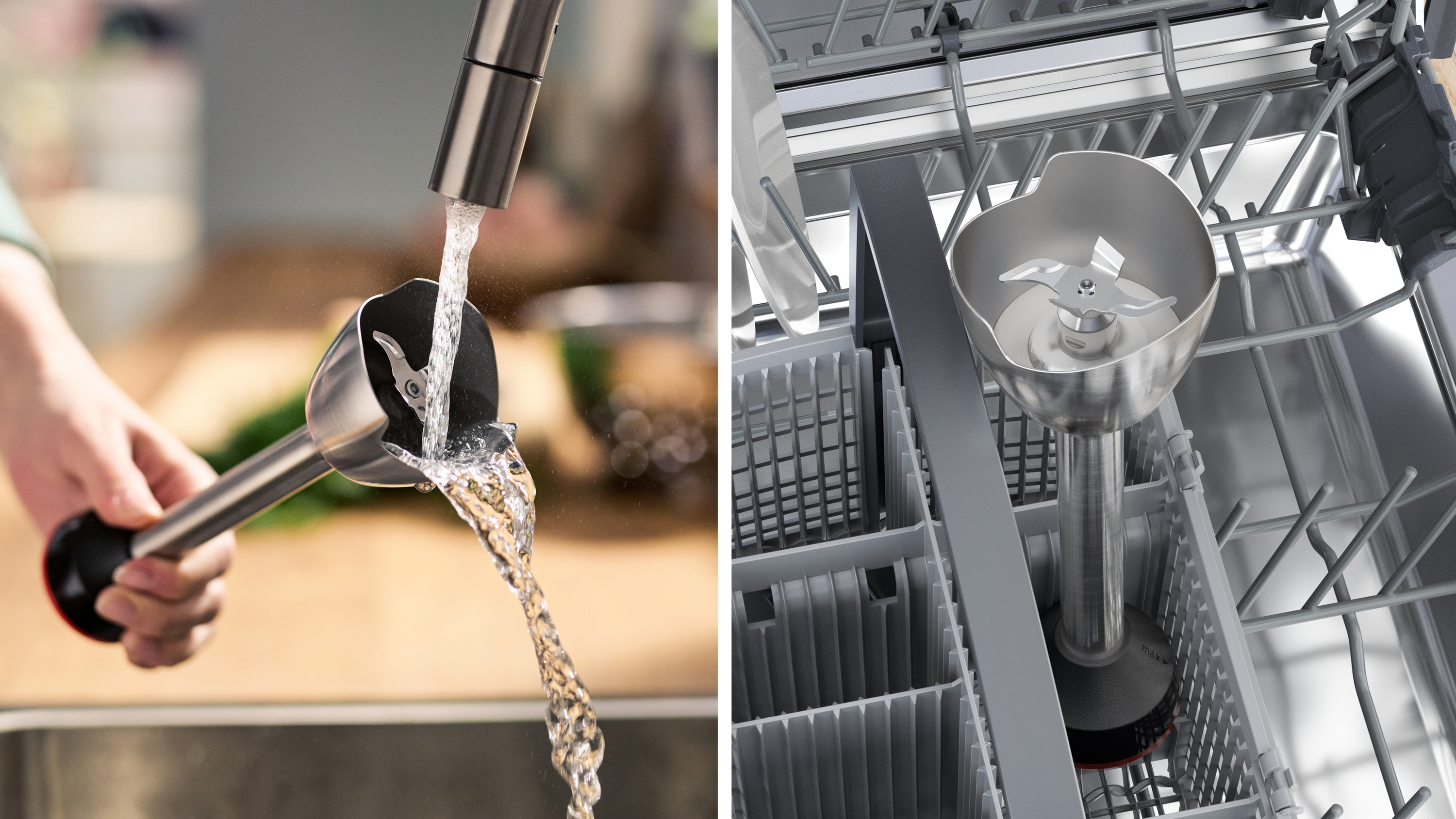 Ein Bosch-Mixer wird unter einem Wasserhahn gespült, und die Klinge befindet sich in einer Spülmaschine.