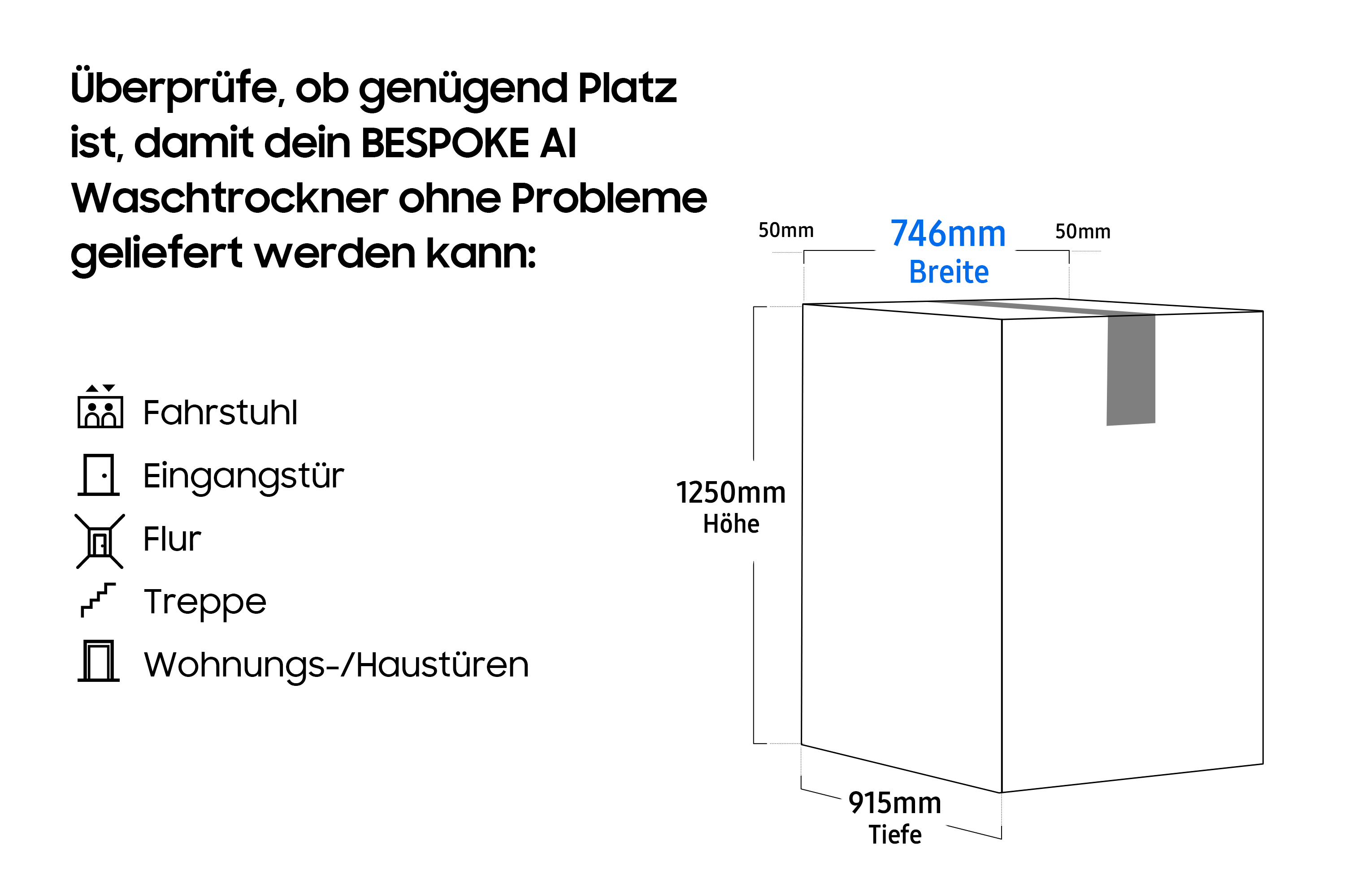 Diagramm mit den Abmessungen, die für den BESPOKE AI Waschtrockner benötigt werden, einschließlich Aufzug, Tür usw.