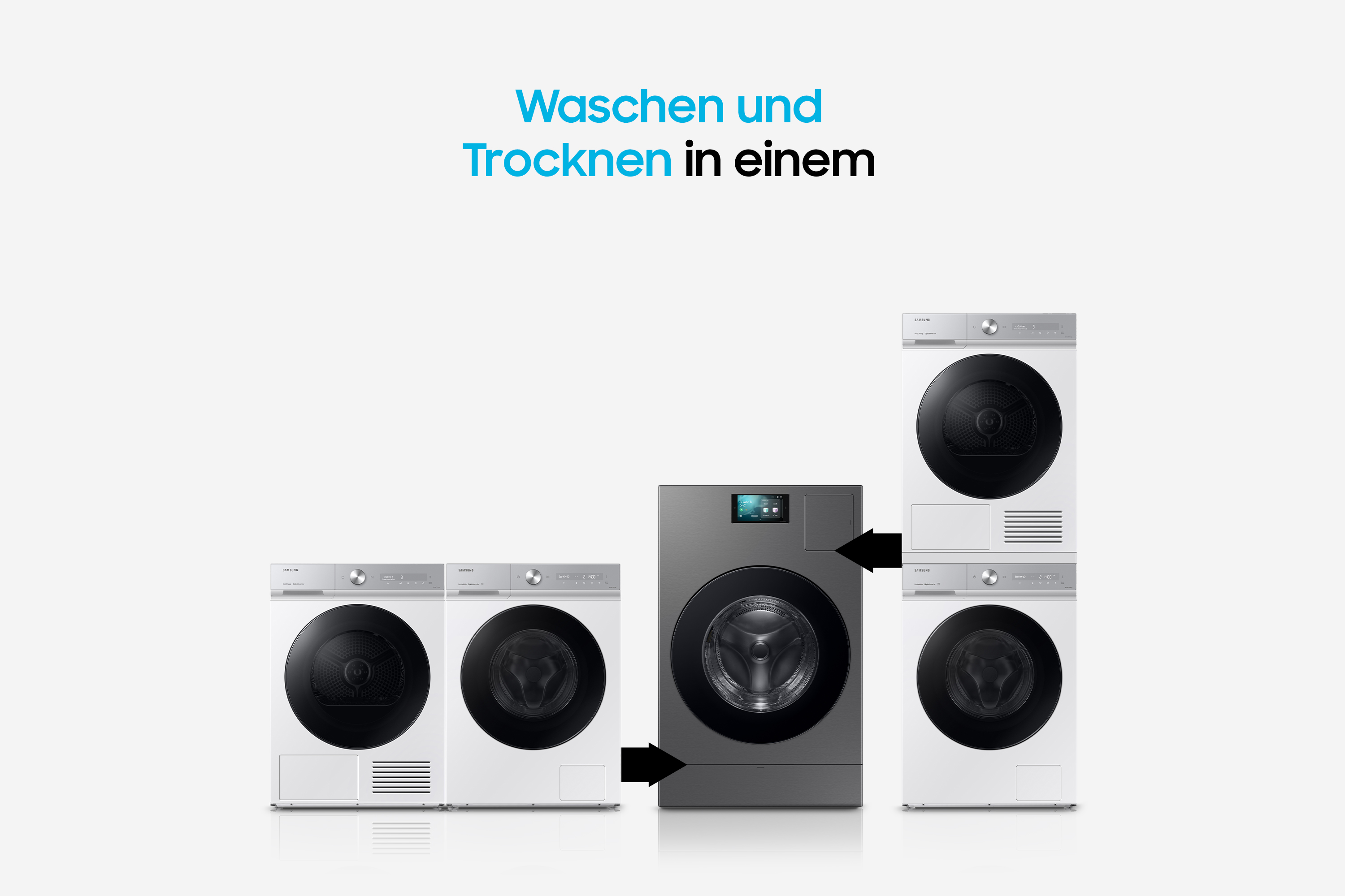 Vier weiße Samsung Waschmaschinen und Trockner.
