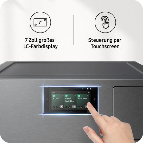Eine Hand bedient einen Touchscreen-Bildschirm an einer Waschmaschine mit einem 7-Zoll-LC-Farbdisplay.