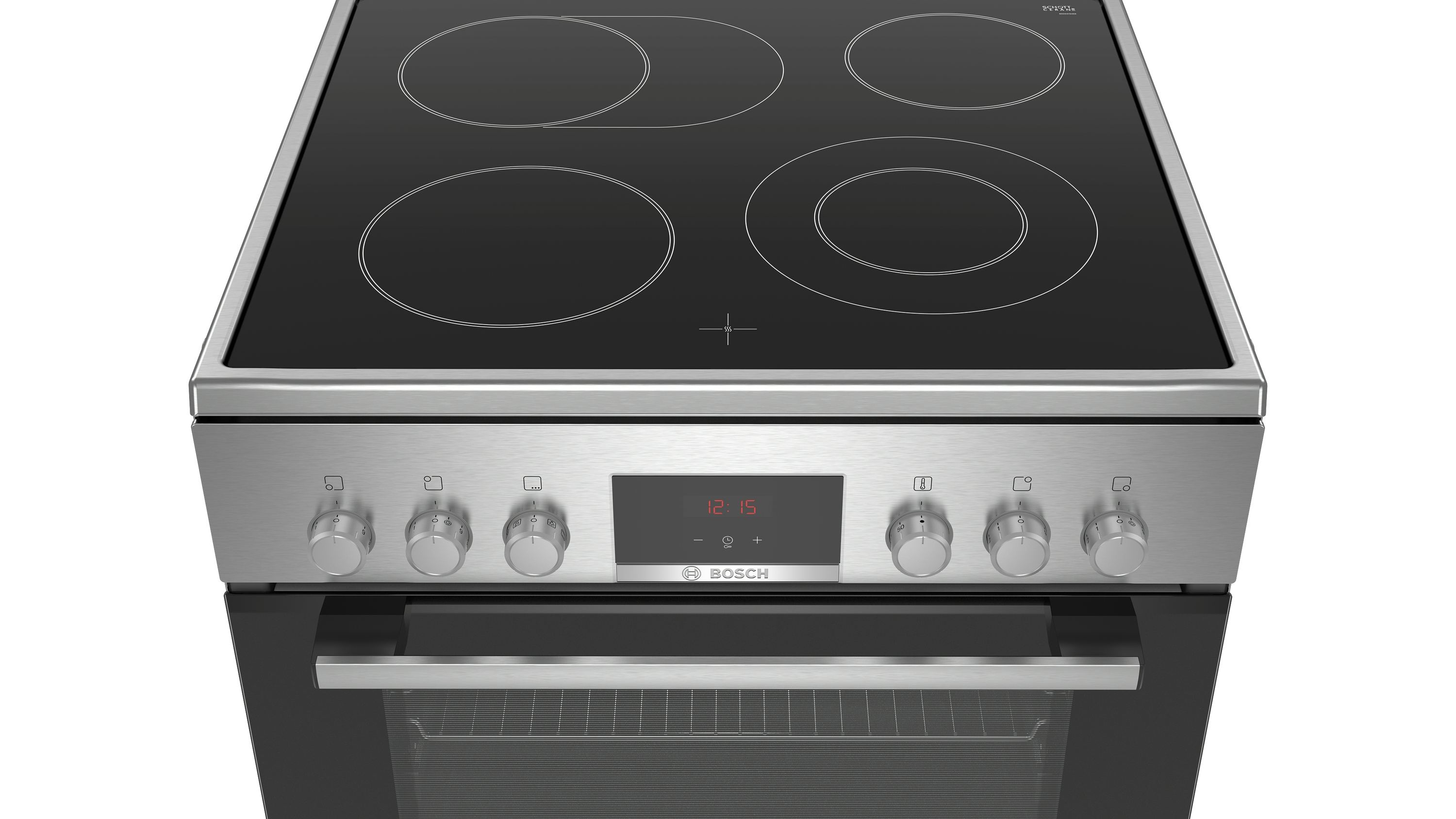 Une table de cuisson en verre noir avec quatre brûleurs et un affichage numérique.
