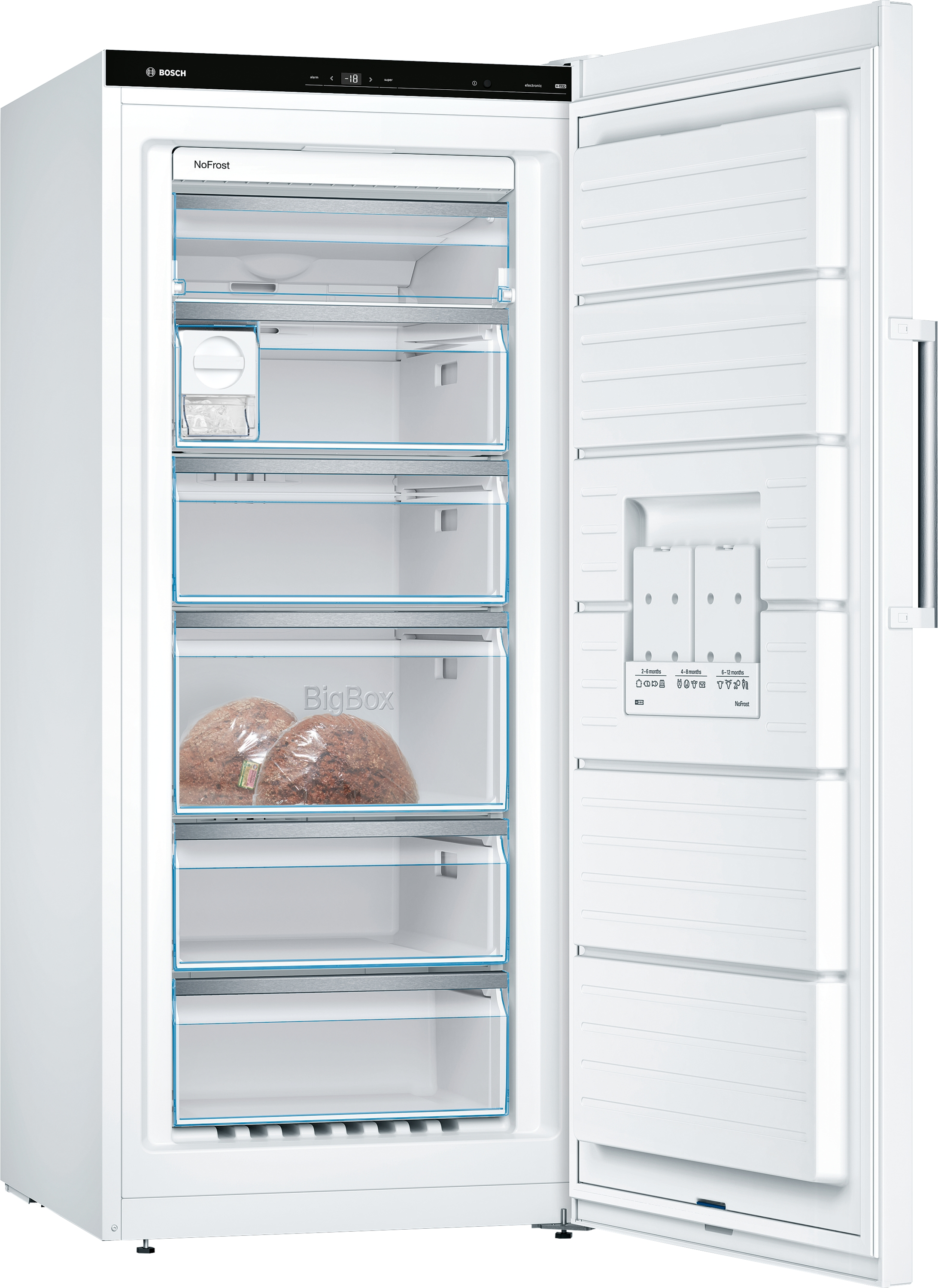 Un réfrigérateur blanc avec la porte ouverte, montrant des étagères et aliments surgelés.