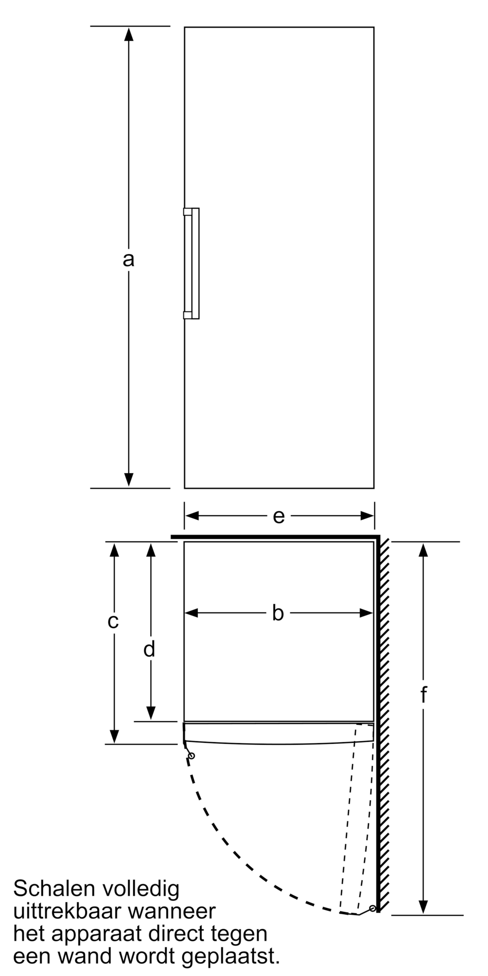 Diagramme d'un réfrigérateur. Montre les dimensions avec une ouverture de porte, marquée de lettres.