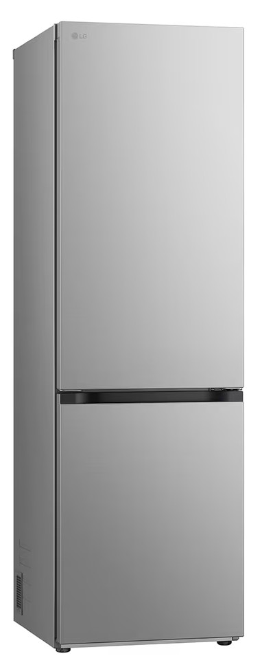 Srebrna lodówka z logo LG. Jest zamknięta i stoi pionowo.