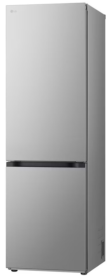 Srebrna lodówka z logo LG. Jest zamknięta i stoi pionowo.