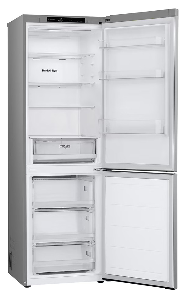 Otwarta, pusta lodówka z półkami i szufladami.