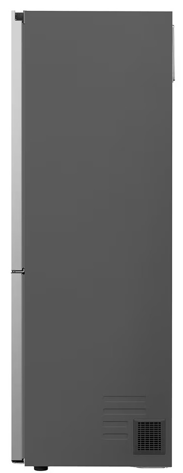 Widok z boku ciemnoszarej lodówki ze srebrną krawędzią.