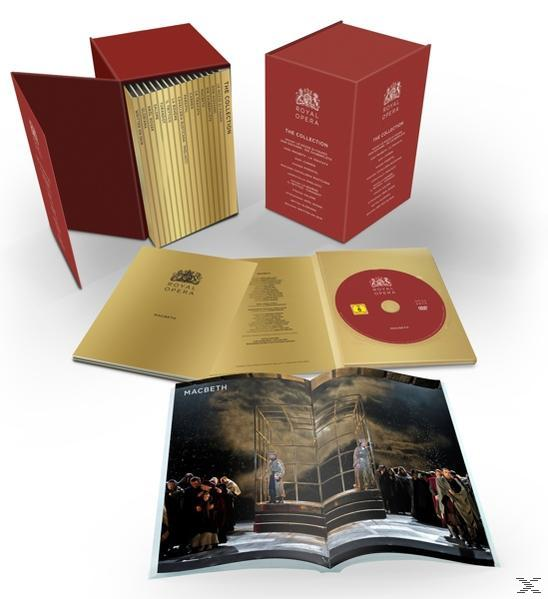 Piros dobozkészlet könyvekkel és egy DVD-vel. Belül egy színpadi fotó a Macbeth operából.