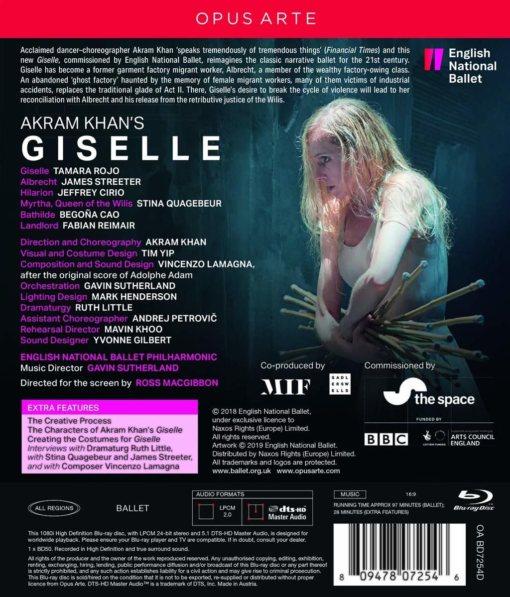 Rückseite einer Blu-ray-Hülle für das Ballett 'Giselle' mit Produktionsdetails.