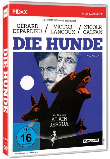 DVD-Cover für den Film 'Die Hunde' mit Schauspielern, einer Hundeillustration und blauem Hintergrund.