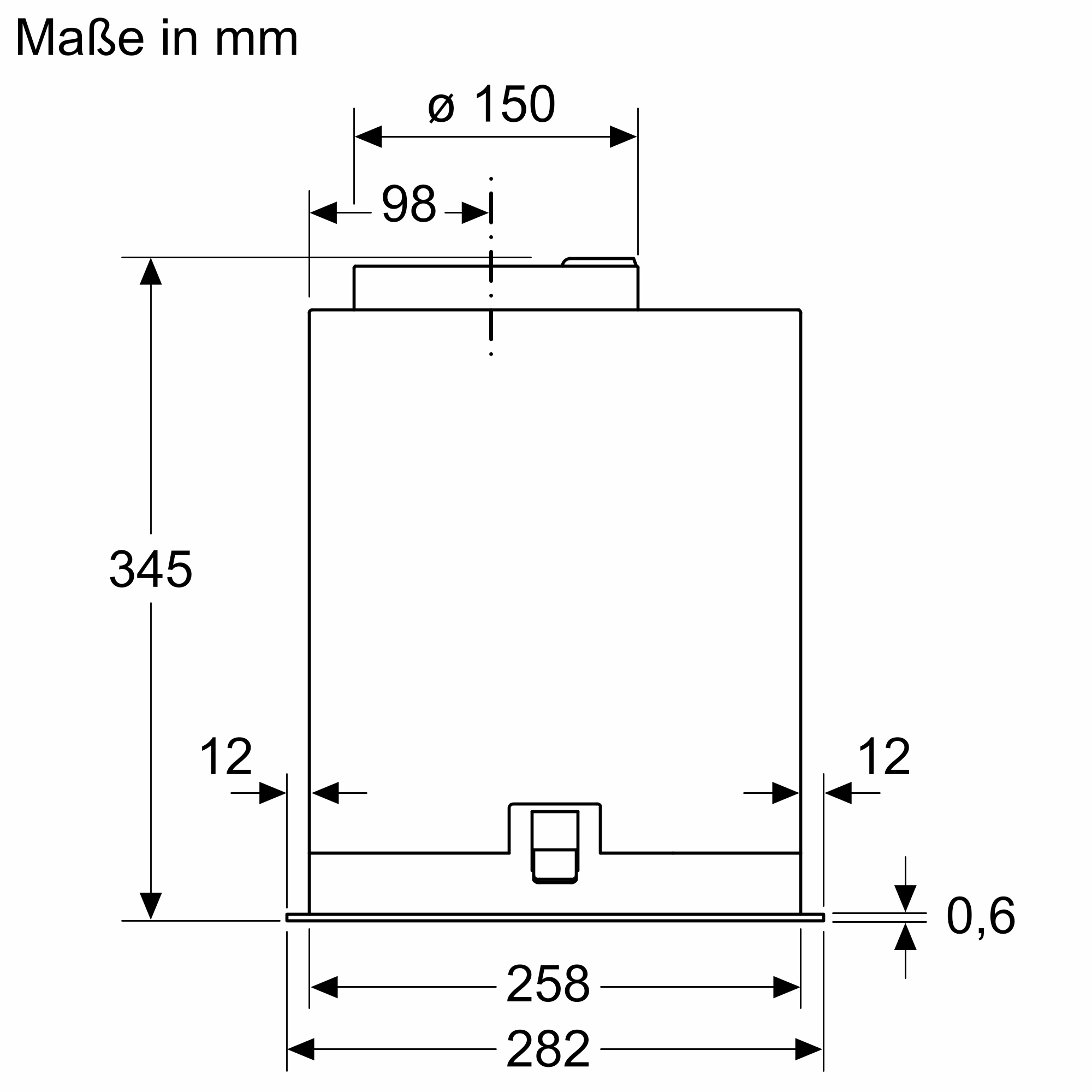 Technische Zeichnung mit Maßen. Ein rechteckiger Kasten mit Maßen in mm. Enthält 345, 150, 98, 282, 258, 12 und 0,6.