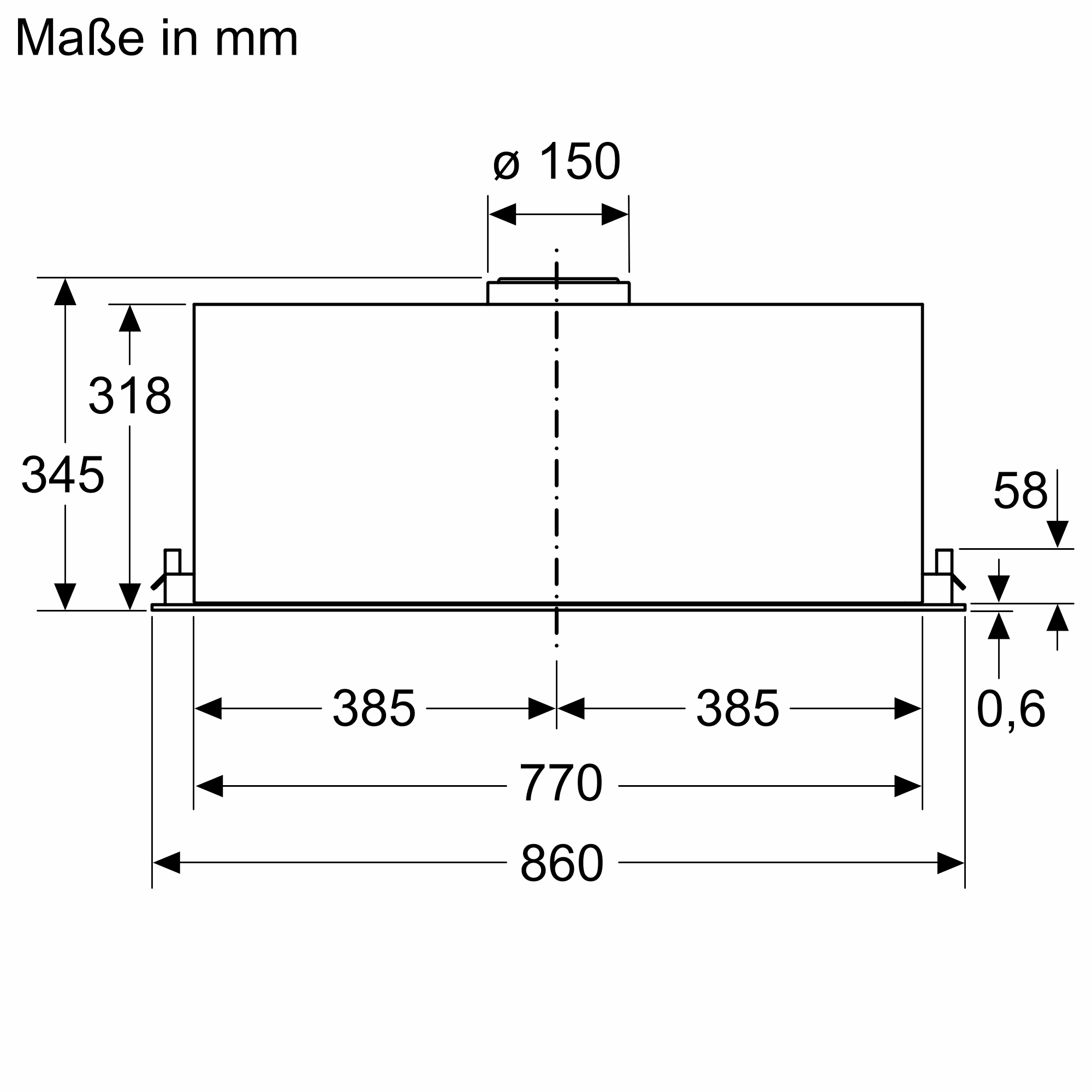 Diagramm einer rechteckigen Form mit Abmessungen in mm. Es hat einen oberen Kreis und mehrere Maßlinien, die Messungen angeben.