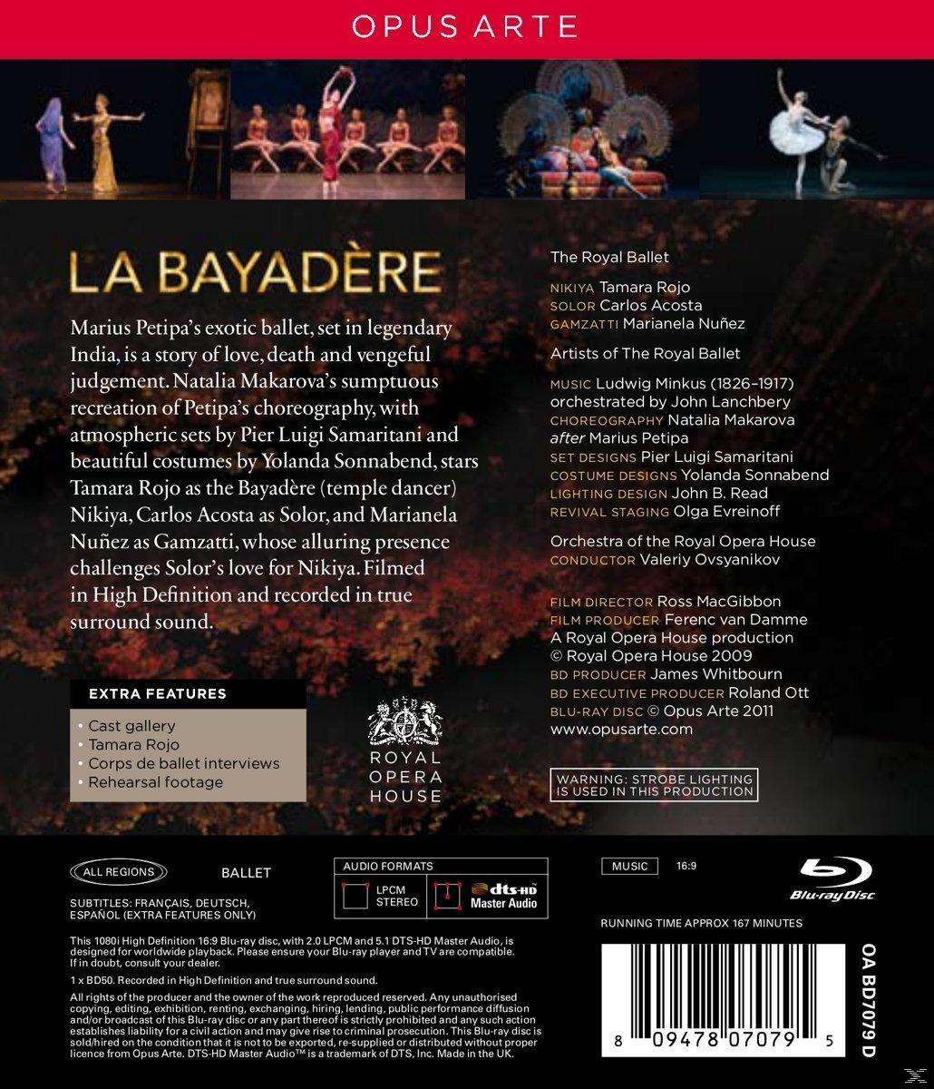 Rückseite einer Blu-ray Disc mit dem Titel 'La Bayadère'. Ballettänzer und Text sind vorhanden.