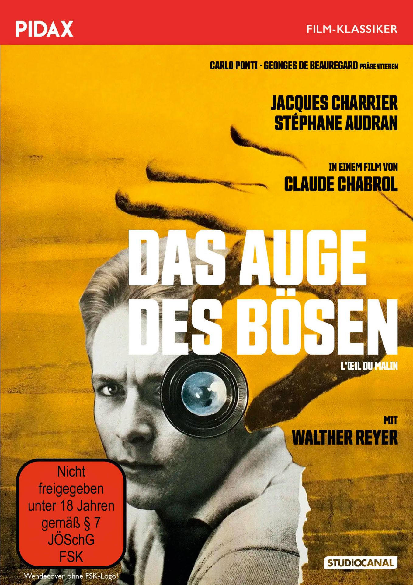 Filmplakat mit dem Gesicht eines Mannes, einem Kameraobjektiv und Text auf Deutsch.