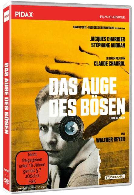 Filmdvd-Cover: Gesicht eines Mannes mit Linse. Gelber Hintergrund, Titel auf Deutsch, Auge und Text.