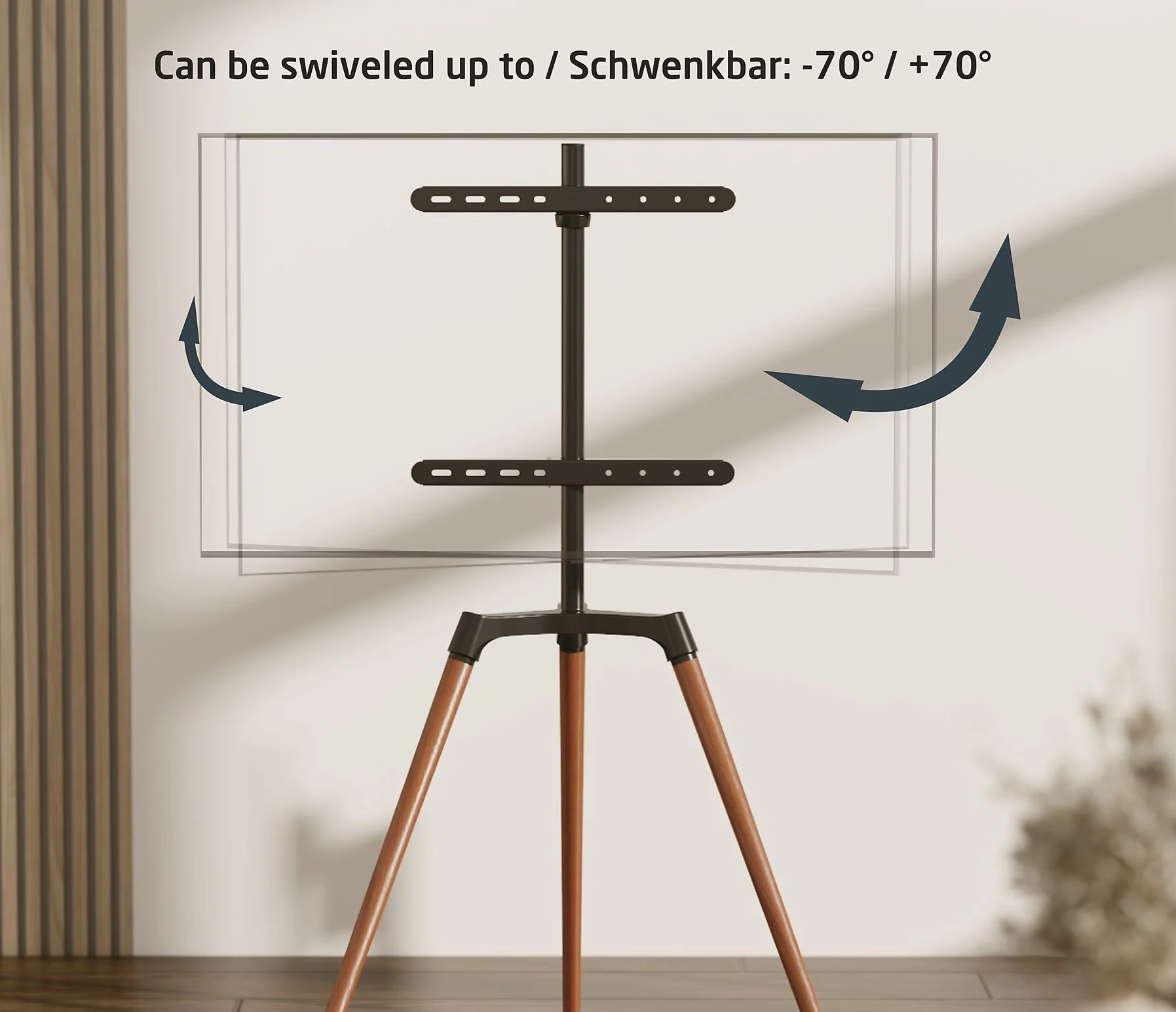 Stojak TV z ekranem TV pośrodku. Możliwość obrotu do -70 / +70 stopni.